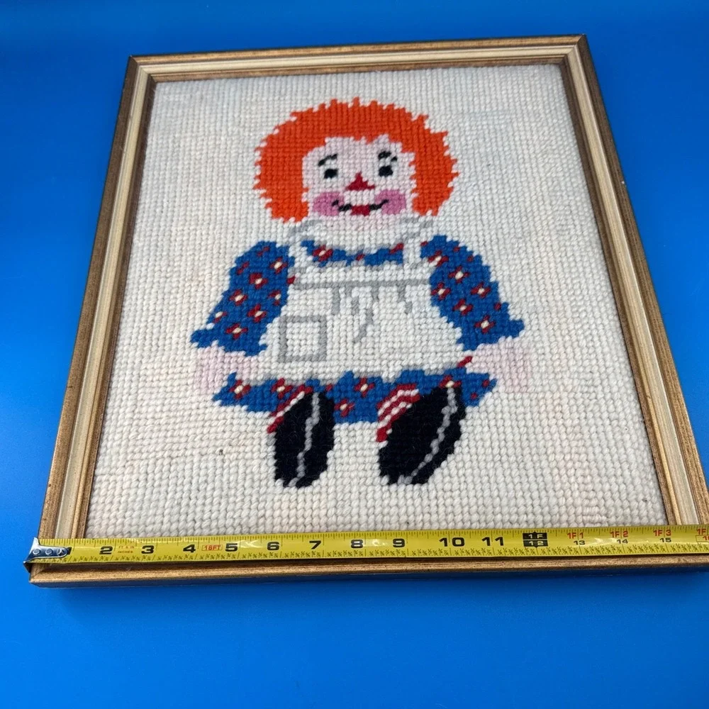 VTG Large Raggedy Ann Needlepoint Framed Wall Art Handmade 1970s Nursery Decor